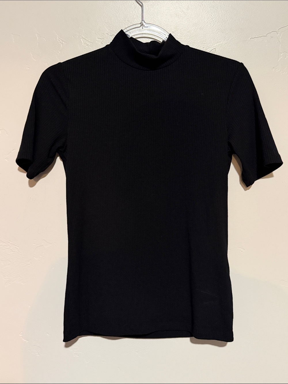 H&M Black Ribbed Short-Sleeve Mock Neck Minimalist Top